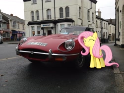 Size: 3264x2448 | Tagged: safe, artist:datnaro, artist:uponia, fluttershy, barclay's, car, england, eyes closed, irl, jaguar (car), jaguar e-type, photo, ponies in real life, smiling, solo, store, vector