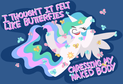 Size: 1235x839 | Tagged: safe, artist:threetwotwo32232, princess celestia, alicorn, butterfly, pony, female, mare, missing accessory, patlestia, solo, two best friends play, two best sisters play