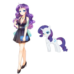 Size: 800x800 | Tagged: safe, artist:eminya, rarity, human, pony, unicorn, anime, breasts, cleavage, clothes, dress, female, glass, glasses, high heels, horned humanization, humanized, jewelry, mare, necklace, purse, self ponidox, shoes, simple background, white background, wine glass