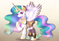 Size: 2447x1694 | Tagged: safe, artist:nika191319, princess celestia, alicorn, pony, clothes, colored pupils, cosplay, costume, crown, cup, female, jewelry, looking at you, magical girl, mami tomoe, mare, puella magi madoka magica, raised hoof, regalia, smiling, solo, teacup