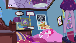 Size: 1280x720 | Tagged: safe, derpibooru import, screencap, pinkie pie, sci-twi, spike, spike the regular dog, twilight sparkle, dog, better together, equestria girls, holidays unwrapped, bed, clothes, female, lamp, legs, male, pantyhose, picture frame, plusplus, sci-twi's room, shoes, skirt, socks