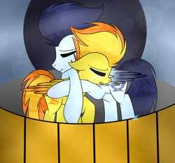 Size: 1024x951 | Tagged: safe, artist:northlights8, derpibooru import, soarin', spitfire, pony, colored wings, colored wingtips, crying, hug