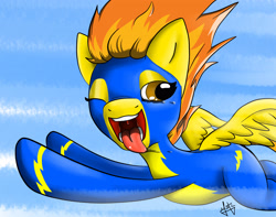 Size: 3300x2600 | Tagged: safe, artist:azerta56, derpibooru import, spitfire, clothes, drool, flying, human teeth, mawshot, one eye closed, open mouth, tongue out, uvula, wonderbolts uniform