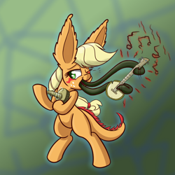 Size: 900x900 | Tagged: safe, artist:heir-of-rick, applejack, earth pony, monster pony, original species, pony, tatzlpony, daily apple pony, banjo, bipedal, dual wield, ear fluff, impossibly large ears, music notes, musical instrument, solo, tatzljack, tentacle tongue, wink