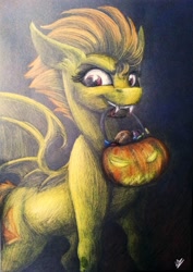 Size: 1883x2656 | Tagged: safe, artist:lupiarts, derpibooru import, spitfire, bat pony, pony, fangs, halloween, jack-o-lantern, mouth hold, pumpkin bucket, solo, spitbat