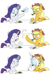 Size: 1280x1947 | Tagged: safe, artist:nobody, applejack, rarity, earth pony, pony, unicorn, comic, eating, food, fork, magic, mouth hold, sketch, telekinesis