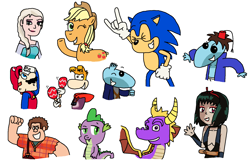 Size: 1730x1128 | Tagged: safe, artist:mighty355, applejack, spike, oc, oc:boogey boy, oc:pepper the evil oc teensy, oc:yura, dragon, earth pony, pony, crossover, elsa, frozen (movie), mario, rayman, sonic the hedgehog, sonic the hedgehog (series), spyro the dragon, super mario bros., wreck-it ralph