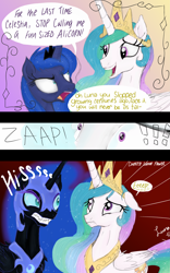 Size: 3445x5512 | Tagged: safe, artist:darkest-lunar-flower, nightmare moon, princess celestia, princess luna, alicorn, pony, absurd resolution, comic, gulp, hissing, lip bite, royal sisters, transformation