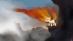 Size: 1920x1080 | Tagged: safe, artist:katsu, derpibooru import, twilight sparkle, bird, angry, cliff, fire, glare, gritted teeth, mane of fire, rapidash, rapidash twilight, sky, solo, wallpaper, windswept mane