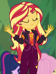 Size: 717x948 | Tagged: safe, screencap, applejack, fluttershy, sci-twi, sunset shimmer, twilight sparkle, better together, equestria girls, sunset's backstage pass!, cropped, music festival outfit