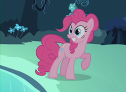 Size: 751x554 | Tagged: safe, screencap, pinkie pie, earth pony, pony, too many pinkie pies, cave, cave pool, clone, cropped, female, magic mirror pond, mare, mirror pool, pinkie clone, raised hoof, solo