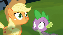 Size: 1280x720 | Tagged: safe, screencap, applejack, spike, dragon, earth pony, pony, spike at your service, female, implied farting, male, mare, nostrils, out of context