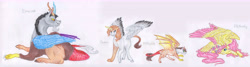 Size: 15000x4032 | Tagged: safe, artist:dawn22eagle, discord, fluttershy, oc, oc:flitterwick, oc:swan, alicorn, draconequus, hybrid, original species, pegasus, pony, absurd resolution, alicorn oc, bat wings, cloven hooves, colored hooves, colored wings, colored wingtips, crooked horn, discoshy, family, female, headcanon, interspecies offspring, male, next generation, offspring, parent:discord, parent:fluttershy, parents:discoshy, shipping, straight, tail feathers, traditional art, wings