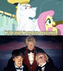 Size: 640x717 | Tagged: safe, bulk biceps, fluttershy, pegasus, pony, rainbow falls, blonde, blonde hair, blonde mane, blonde tail, blue eyes, bowtie, cape, clothes, curtain, doctor who, ear piercing, exploitable meme, female, first doctor, frock coat, jon pertwee, looking to side, looking to the right, male, mare, meme, open mouth, patrick troughton, piercing, pink mane, pink tail, red eyes, replacement meme, second doctor, shirt, smiling, smoking jacket, spread wings, stallion, text, third doctor, velvet, velvet frockcoat, white coat, william hartnell, wings, yellow coat