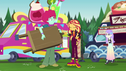 Size: 1920x1080 | Tagged: safe, screencap, snow flower, sunset shimmer, better together, equestria girls, sunset's backstage pass!, music festival outfit, oxford brush, sleeveless