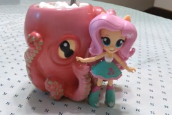 Size: 2117x1426 | Tagged: safe, artist:depressedcomedian, fluttershy, octopus, equestria girls, clothes, doll, equestria girls minis, eqventures of the minis, figure, figurine, food, hot chocolate, irl, marshmallow, mug, photo, skirt, solo, tanktop, toy