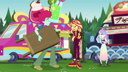 Size: 1920x1080 | Tagged: safe, screencap, snow flower, sunset shimmer, better together, equestria girls, sunset's backstage pass!, food truck, heartbreak, music festival outfit, oxford brush, sleeveless