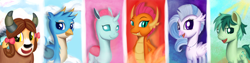 Size: 12000x3000 | Tagged: safe, artist:theunconsistentone, gallus, ocellus, sandbar, silverstream, smolder, yona, changedling, changeling, classical hippogriff, dragon, earth pony, griffon, hippogriff, pony, yak, school daze, blue background, cute, cutie mark, diaocelles, diastreamies, dragoness, female, gallabetes, green background, looking at you, male, night, night sky, pink background, red background, sandabetes, simple background, sky, smolderbetes, student six, teenager, yonadorable