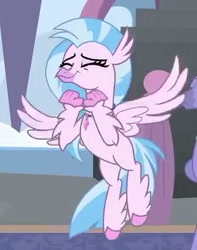 Size: 311x395 | Tagged: safe, screencap, silverstream, classical hippogriff, hippogriff, school daze, cropped, eyes closed, female, flying, solo