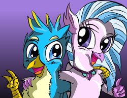 Size: 3850x2975 | Tagged: safe, artist:somekindoftiger, gallus, silverstream, griffon, hippogriff, female, gallstream, gradient background, male, peace sign, shipping, straight