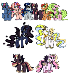 Size: 7500x8059 | Tagged: safe, artist:ressurectednightmare, derpibooru import, applejack, fluttershy, pinkie pie, rainbow dash, rarity, twilight sparkle, twilight sparkle (alicorn), alicorn, earth pony, pegasus, pony, unicorn, alternate universe, group, mane six, princess, redesign, reference, simple background, transparent background