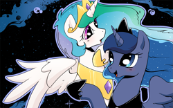 Size: 1181x737 | Tagged: safe, artist:yukandasama, princess celestia, princess luna, alicorn, pony, abstract background, duo, female, mare, royal sisters, sisters, space