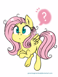 Size: 720x960 | Tagged: safe, artist:tokipeach, fluttershy, pegasus, pony, :o, curious, floating, flying, question mark, simple background, solo, white background