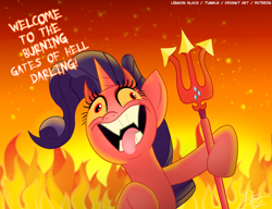 Size: 1300x1000 | Tagged: safe, artist:lennonblack, rarity, pony, unicorn, fame and misfortune, cutie mark accessory, darling, derp, devil, devil horns, devil rarity, dialogue, faic, fangs, female, fire, hell, open mouth, solo, tongue out, trident, weapon, why i'm creating a gown darling