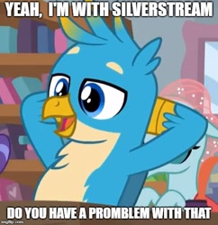 Size: 500x516 | Tagged: safe, edit, gallus, ocellus, silverstream, a rockhoof and a hard place, beak, feather, female, gallstream, image macro, implied gallstream, implied shipping, male, meme, misspelling, shipping, straight