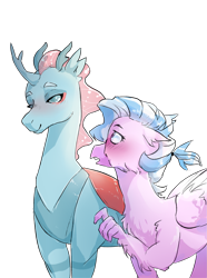 Size: 1545x2081 | Tagged: safe, artist:oniricat, ocellus, silverstream, changedling, changeling, changeling queen, classical hippogriff, hippogriff, blushing, changedling queen, crush, female, headcanon, headcanon in the description, lesbian, looking at each other, ocellustream, older, queen ocellus, shipping, simple background, size difference, smiling, transparent background