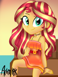 Size: 1536x2048 | Tagged: safe, artist:artmlpk, sunset shimmer, equestria girls, alternate hairstyle, beach, belt, choker, clothes, cute, dress, female, legs, looking at you, shimmerbetes, smiling at you, solo, thighs