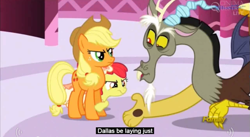 Size: 851x467 | Tagged: safe, screencap, apple bloom, applejack, discord, earth pony, pony, make new friends but keep discord, dallas, meme, youtube caption