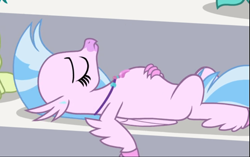 Size: 833x522 | Tagged: safe, screencap, silverstream, classical hippogriff, hippogriff, a matter of principals, cropped, cute, diastreamies, female, lying down, on back, tired