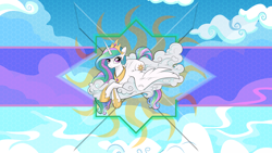 Size: 5120x2880 | Tagged: safe, artist:amorecadenza, artist:laszlvfx, edit, princess celestia, alicorn, pony, absurd resolution, cloud, crown, female, jewelry, mare, prone, regalia, sky, smiling, solo, wallpaper, wallpaper edit