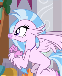 Size: 757x932 | Tagged: safe, screencap, silverstream, classical hippogriff, hippogriff, the hearth's warming club, cropped, excited, female, flying, smiling, solo