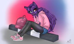 Size: 3600x2160 | Tagged: safe, artist:lakunae, derpibooru import, oc, oc only, oc:pestyskillengton, anthro, pegasus, plantigrade anthro, anthro oc, clothes, eyelashes, eyeshadow, female, heterochromia, hoodie, makeup, pantyhose, pegasus oc, piercing, shoes, shorts, sitting, sneakers, solo, wings