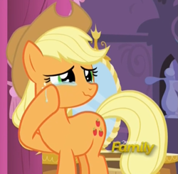 Size: 727x713 | Tagged: safe, screencap, applejack, earth pony, pony, make new friends but keep discord, applejack's hat, cowboy hat, crying, crying on the outside, female, hat, liquid pride, mare, solo, tears of joy, wavy mouth, wiping tears