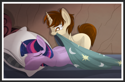 Size: 1800x1180 | Tagged: safe, artist:blackfreya, derpibooru import, twilight sparkle, twilight sparkle (alicorn), alicorn, pony, bedsheets, crossover, crossover shipping, female, mama twilight, mare, mouth hold, peter parker, ponified, pregnant, shipping, spider-man, spiders and magic ii: eleven months, spiders and magic: rise of spider-mane, spidertwi
