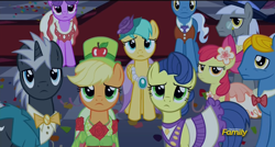 Size: 1920x1032 | Tagged: safe, screencap, apple bloom, applejack, caesar, dark moon, graphite, masquerade, north star, perfect pace, perry pierce, pokey pierce, sunshower raindrops, earth pony, pony, unicorn, make new friends but keep discord, background pony, clothes, crowd, dress, frown, group