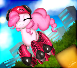 Size: 1188x1056 | Tagged: safe, artist:gamermac, pinkie pie, earth pony, pony, helmet, ponies in roller skates, pronking, roller skates, solo