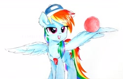 Size: 3589x2322 | Tagged: safe, artist:liaaqila, derpibooru import, rainbow dash, pegasus, pony, common ground, ball, chest fluff, cute, dashabetes, ear fluff, eye clipping through hair, leg fluff, lidded eyes, open mouth, scene interpretation, solo, traditional art, whistle, wing fluff