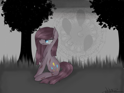 Size: 1024x768 | Tagged: safe, artist:rubyblossomva, pinkie pie, earth pony, pony, crying, pinkamena diane pie, sad, solo, tree