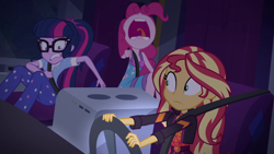 Size: 1920x1080 | Tagged: safe, screencap, pinkie pie, sci-twi, sunset shimmer, twilight sparkle, better together, equestria girls, sunset's backstage pass!