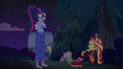 Size: 1920x1080 | Tagged: safe, screencap, applejack, fluttershy, rarity, sci-twi, sunset shimmer, twilight sparkle, better together, equestria girls, sunset's backstage pass!, barefoot, clothes, feet, pajamas