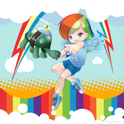 Size: 2500x2500 | Tagged: safe, artist:chiwowa, derpibooru import, rainbow dash, tank, human, clothes, colored pupils, converse, cute, cutie mark, dashabetes, duo, female, high res, humanized, male, open mouth, pixiv, pointing, rainbow, shoes, shorts, sneakers, winged humanization, wings