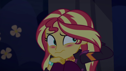 Size: 1920x1080 | Tagged: safe, screencap, sunset shimmer, better together, equestria girls, sunset's backstage pass!, blushing, solo