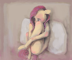 Size: 2919x2438 | Tagged: safe, artist:sharpieboss, fluttershy, anthro, arm hooves, eyes closed, long legs, pillow, sitting, solo