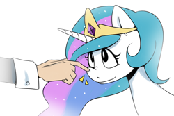 Size: 2105x1405 | Tagged: safe, artist:alvh-omega, princess celestia, alicorn, human, pony, 4chan, boop, crown, cute, cutelestia, disembodied hand, drawthread, hand, jewelry, regalia, simple background, smiling, white background