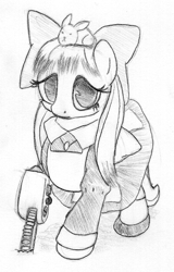 Size: 430x672 | Tagged: safe, artist:midwestbrony, angel bunny, fluttershy, pegasus, pony, /mlp/, 4chan, aya drevis, chainsaw, crossover, mad father, monochrome, parody, solo, traditional art