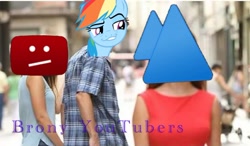 Size: 680x397 | Tagged: safe, derpibooru import, edit, rainbow dash, pegasus, pony, coppa, distracted boyfriend meme, end of youtube, meme, vector, vlare, youtube, youtube kids shit